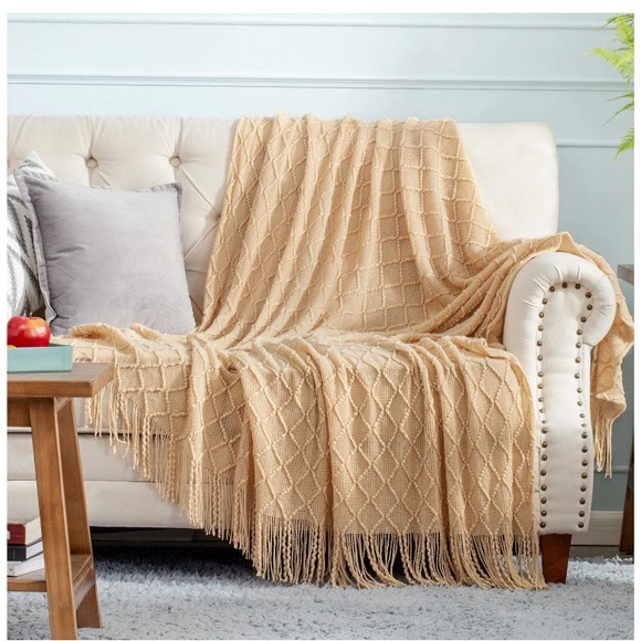 Grey Diamond Tassel Knit Throw Cozy Fringe Patterned Fall/Winter Dorm Blanket - Picture 6 of 16